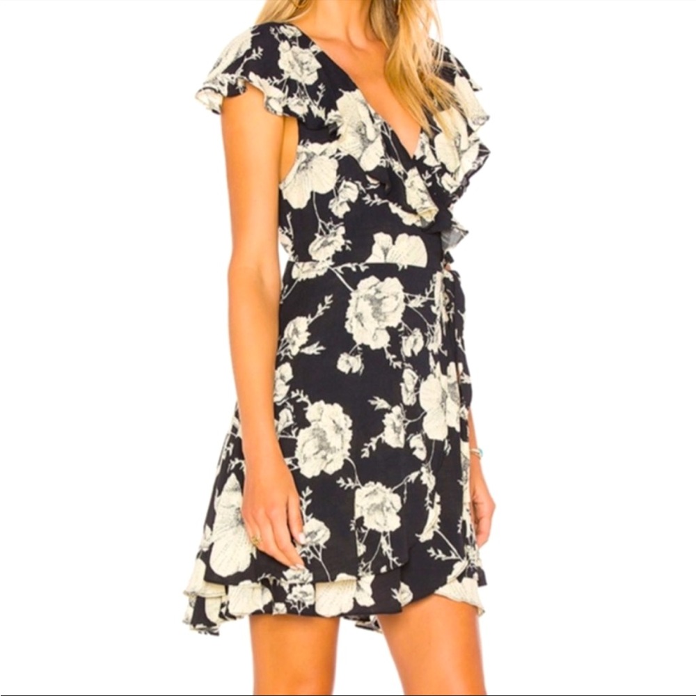 FREE PEOPLE French Quarter Print Wrap Flutter Sleeve Minidress, Onyx Combo, S
